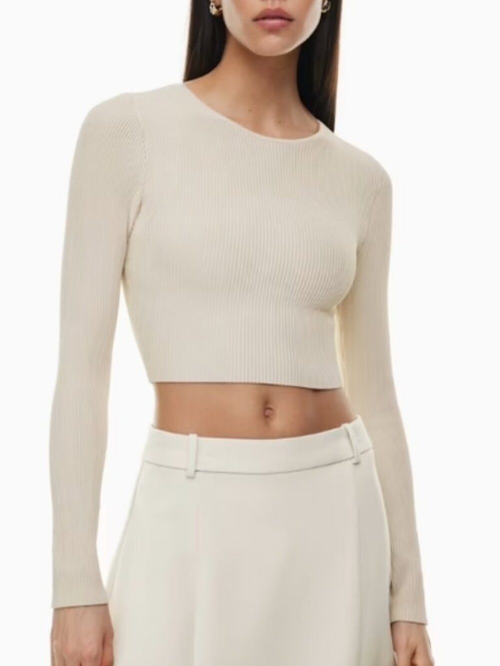 Aritzia Babaton Sculpt Knit Crew Cropped Longsleeve Tee Cream Medium